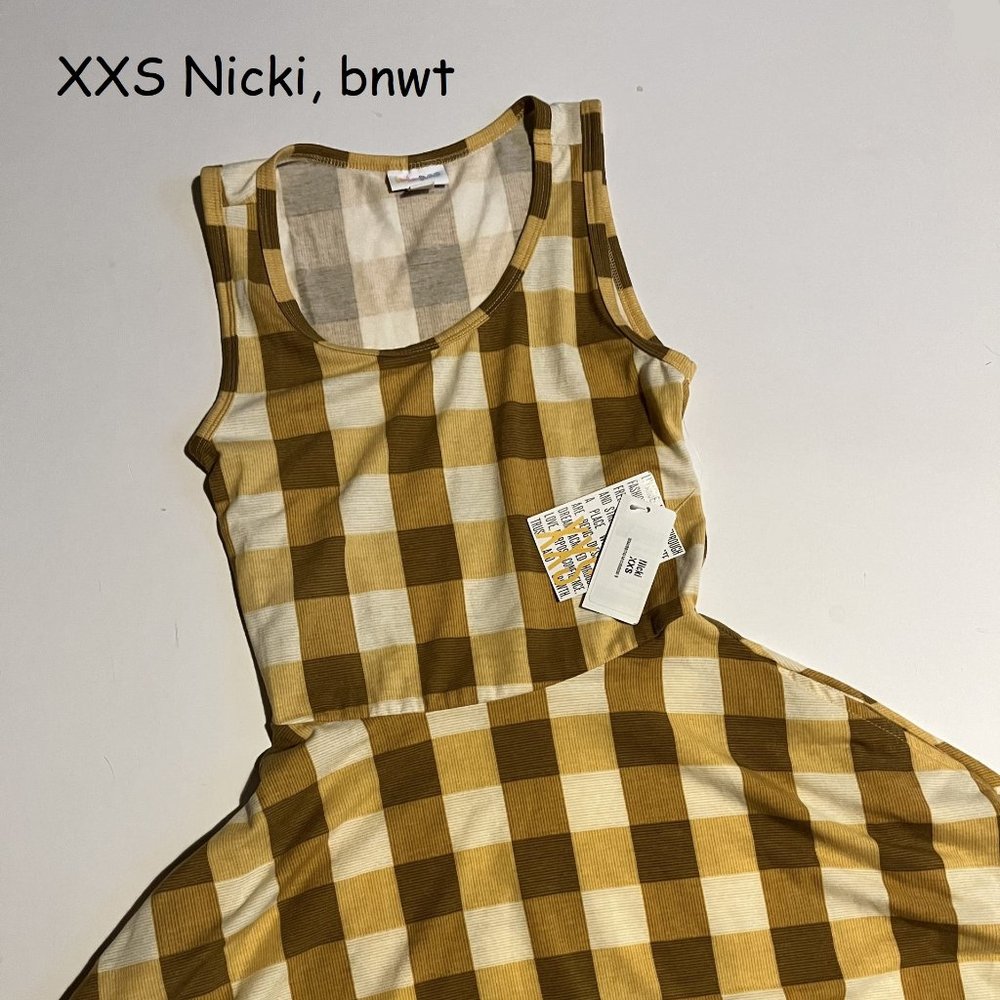 XXS Lularoe Nicki dress, gold plaid